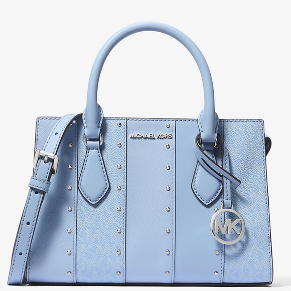 Michael Kors Sheila Small Studded Patchwork Satchel Bag Light Sky Blue Multi - Picture 1 of 10